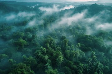 Fototapeta na wymiar Foggy rainforest filled with dense trees nature wallpaper background