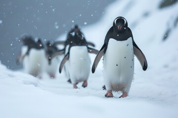 Arctic Ambassadors: Penguins Trekking in Snowy Landscape