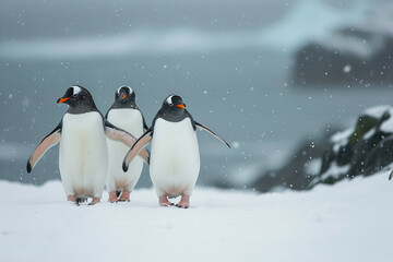 Fototapeta premium Snow-Covered Steps: Penguins on Their Winter Journey