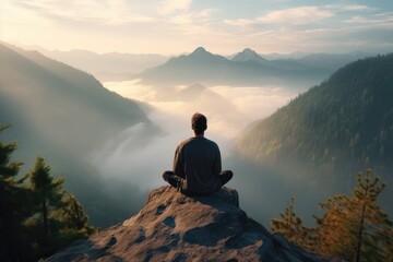 Fototapeta premium Meditation landscape and man sitting on a mountain top for mindfulness and spirituality. Peaceful, stress free and focus in nature with view, for mental health, Ai generated