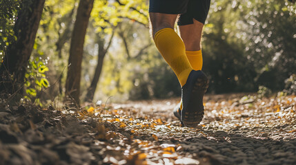 Forest Trail Run: Man in Yellow, Compression Socks Generative AI