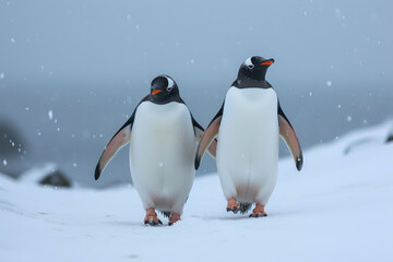 Arctic Ambassadors: Penguins in Snowy Stride - obrazy, fototapety, plakaty