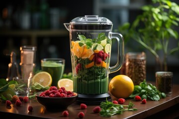 Blender full of fresh fruits and vegetables in action., generative IA