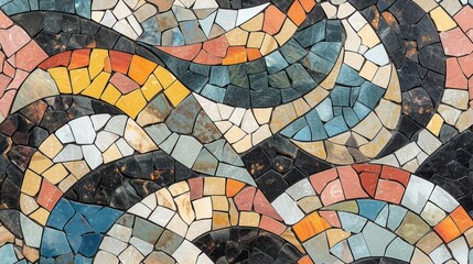  a close up of a multicolored mosaic tile wall with a black, yellow, red, blue, and orange design on the bottom half of the tile.