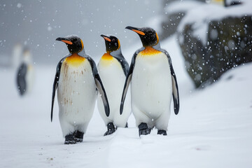 Obraz premium Winter Waddle: Penguin Parade Through Snow