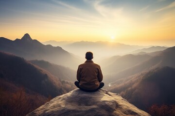 Meditation landscape and man sitting on a mountain top for mindfulness and spirituality. Peaceful, stress free and focus in nature with view, for mental health, Ai generated - obrazy, fototapety, plakaty