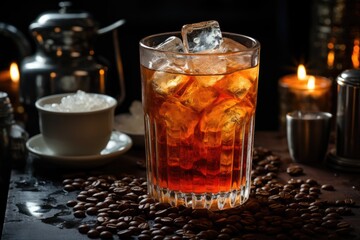 Coffee cold, cinnamon, linen and spoon., generative IA