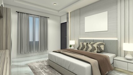 Modern Bedroom Design with Queen Size Cushion Bed and Wall Panel Background Decoration
