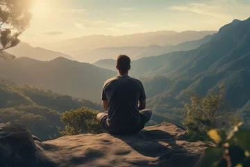 Fototapeten Meditation landscape and man sitting on a mountain top for mindfulness and spirituality. Peaceful, stress free and focus in nature with view, for mental health, Ai generated © Tanu