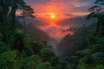 Sun setting in the middle of the jungle nature wallpaper background