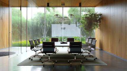 Fototapeta premium modern contemporary meeting conference room modern office interior design space decorating with wooden wall and beautiful office furniture with garden background and window glass view