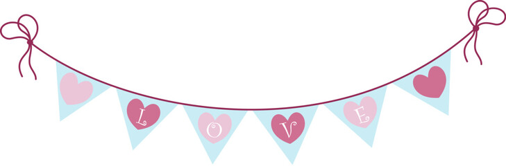 Valentines Day Festive garland of flags with hearts. wedding and valentines day concept. Simple Hand Drawn. Retro flat style.