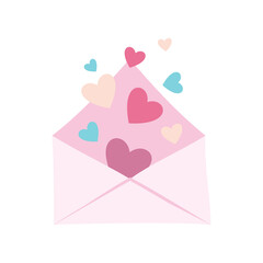 Envelope with hearts. Correspondence between friends or lovers. Romantic greeting card with pink envelope. Valentine letter design.