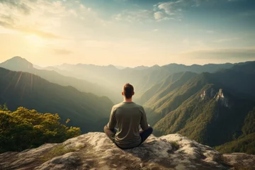 Keuken spatwand met foto Meditation landscape and man sitting on a mountain top for mindfulness and spirituality. Peaceful, stress free and focus in nature with view, for mental health, Ai generated © Tanu