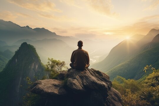 Meditation landscape and man sitting on a mountain top for mindfulness and spirituality. Peaceful, stress free and focus in nature with view, for mental health, Ai generated