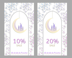 Ramadan sale, templates for instagram stories, discounts, vector, flower background, paper cut - 734217949