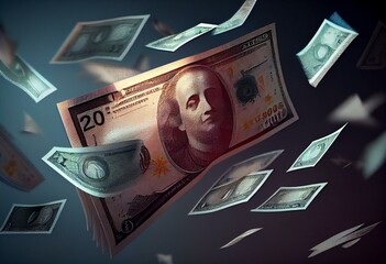Several banknotes of money flying on a write background. 100 euro. Europe euro. 3d rendering. Generative AI