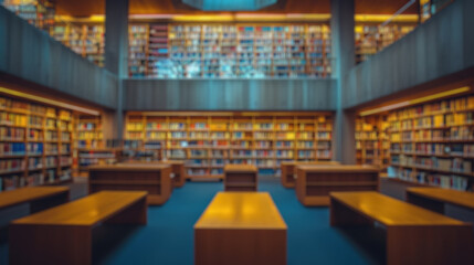 A softly blurred image of a library interior, featuring rows of bookshelves, reading tables, and a peaceful study atmosphere. A library with blurred outline. Resplendent. - obrazy, fototapety, plakaty