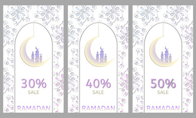 Ramadan sale, templates for instagram stories, discounts, vector, flower background, paper cut - 734218139