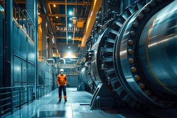 Fototapeta premium Engineer Overseeing Turbine Machinery, Hydroelectric Plant Precision