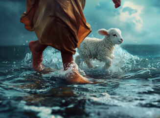 Jesus walks with a lamb on the water - obrazy, fototapety, plakaty
