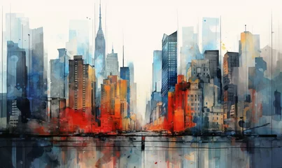 Peel and stick wall murals Watercolor painting skyscraper abstract cityscape painting big city with skyscrapers , in the style of watercolor illustrations, spectacular backdrops, panorama, color splash, colorful minimalism
