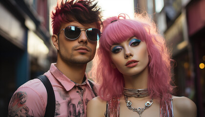 Obraz premium Two young adults, one redhead, one brunette, looking stylishly confident generated by AI