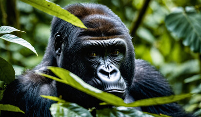 Intense gaze of a mountain gorilla peeking through the dense foliage of bwindi impenetrable forest