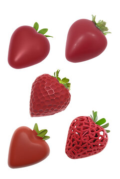 5 red heart shaped strawberries isolated on white background with green stems that apear to be made of chocolate