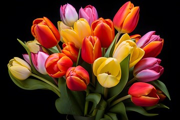 A bouquet of colorful tulips. Black background.