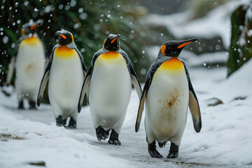 Frosty Footsteps: Penguins Roaming Snowscapes