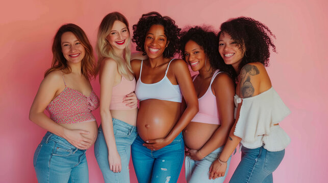 Five pregnant women of different ethnicities posing in jeans on a pink background