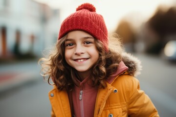 Portrait of a cute little girl in a hat and coat on the street