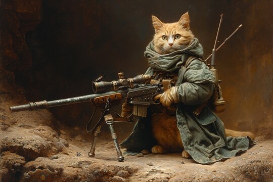 The cat is a military man in a military uniform with a rifle in an artistic retro style.