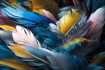 a close-up of a bunch of feathers on the surface of blue blue-pink Generative by AI