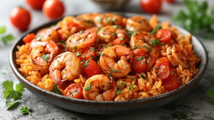  a close up of a bowl of rice with shrimp and tomatoes on a table with tomatoes and parsley on the side of the bowl and a bowl of tomatoes in the background. - obrazy, fototapety, plakaty