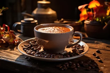 Foto auf Acrylglas Kaffee Bar Cup of coffee and grains in harmony., generative IA