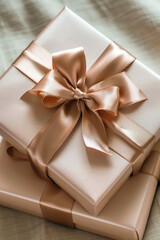 Gold gift boxes with ribbons.
