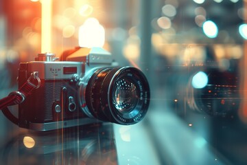 a camera with a blurred shutter and reflection - obrazy, fototapety, plakaty