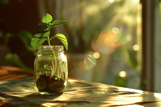 a glass jar with sprouts on the table