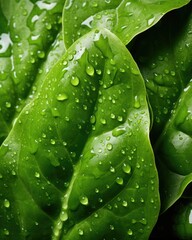 Obraz premium A close up of green leaves with water droplets. Generative AI.