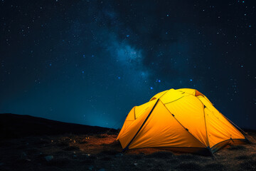 Cosmic Campsite: Illuminated Tent under the Night Sky