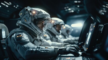 Team of astronauts in a space suits aboard the orbital station. A crew of cosmonauts piloting the spaceship. People in space. Galactic travel and science concept. - 734221379