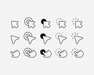 Cursor arrow hand clicking vector icon set. Basic flat design mouse pointer click illustration. Tap or touch screen sign symbol. - obrazy, fototapety, plakaty