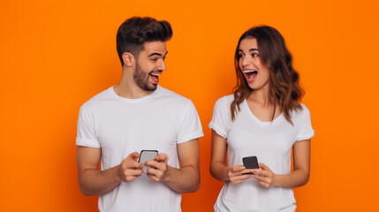 young man and woman are both holding smartphones and smiling at each other, with a bright orange background