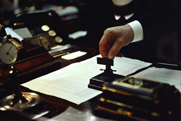 an accountant's hand-stamping paper on the desk