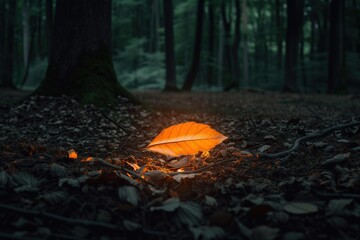 an orange leaf is sitting on the ground in the forest
