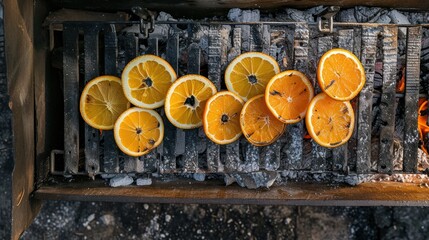  a grill filled with lots of oranges on top of a metal grate next to a pile of burnt wood and a fire pit with a bunch of burnt oranges on top. - obrazy, fototapety, plakaty