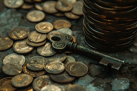 an old key that looks like a key in front of a stack of coins