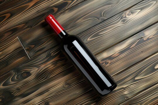 bottle of red wine on a wooden table, a close up of a bottle of wine on a wooden table